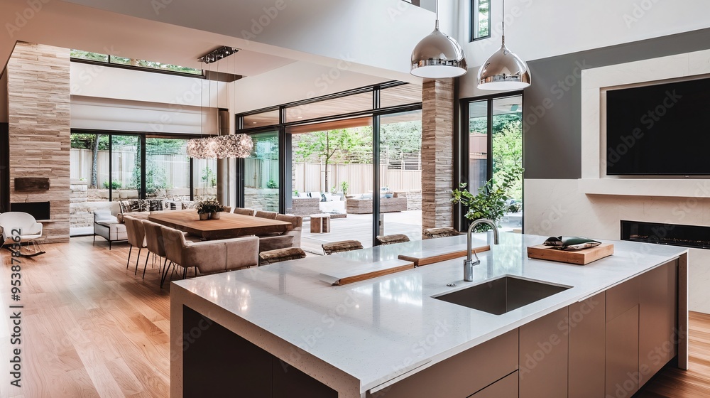 Contemporary open-plan living area with a modern kitchen island, clean lines, and minimalist decor Contemporary open-plan living area with a modern kitchen island, clean lines, and minimalist decor