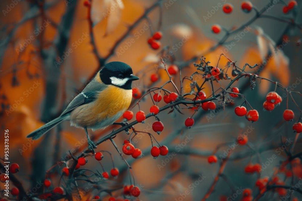 Fototapeta premium Bird with a yellow chest and black head perched on red berry branches.