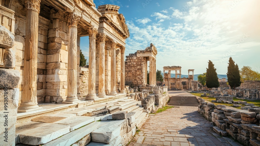 Obraz premium Ancient ruins under a bright sky showcasing historic architecture and remnants of a classical civilization.