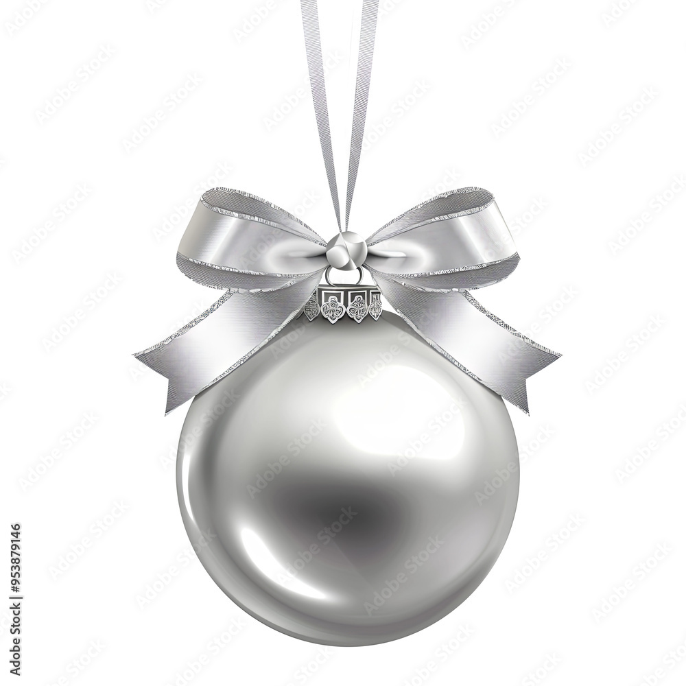silver Christmas ball with ribbon and a bow, isolated on background. Generative AI silver Christmas ball with ribbon and a bow, isolated on background. Generative AI