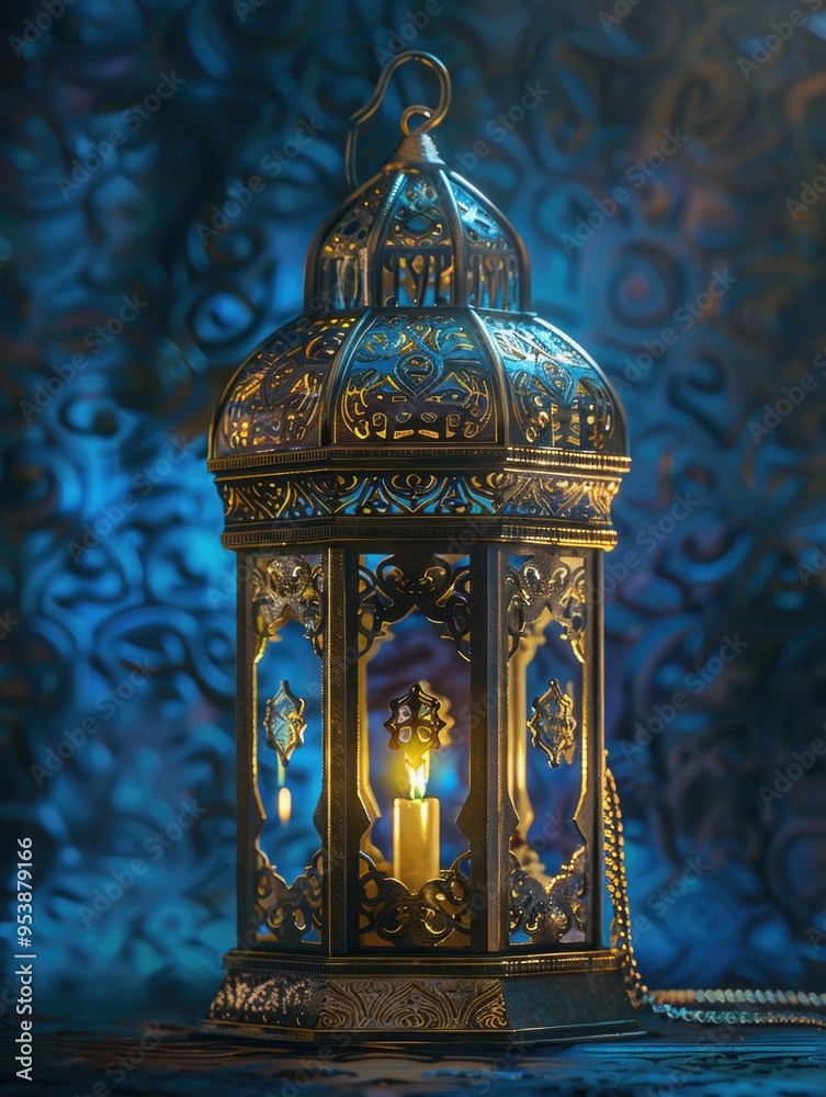 Traditional handcrafted lantern with intricate designs in blue and gold, featuring a delicate flame illuminating the inside. Traditional handcrafted lantern with intricate designs in blue and gold, featuring a delicate flame illuminating the inside.