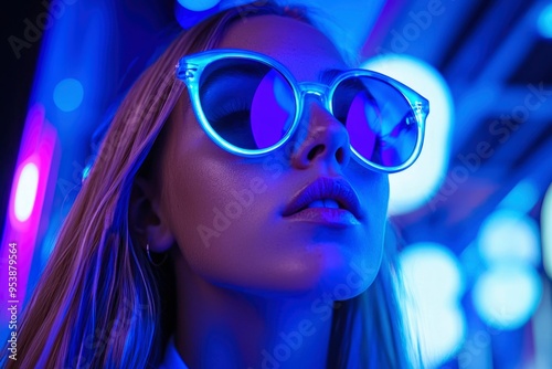 Woman with Blue Sunglasses Under Neon Lights