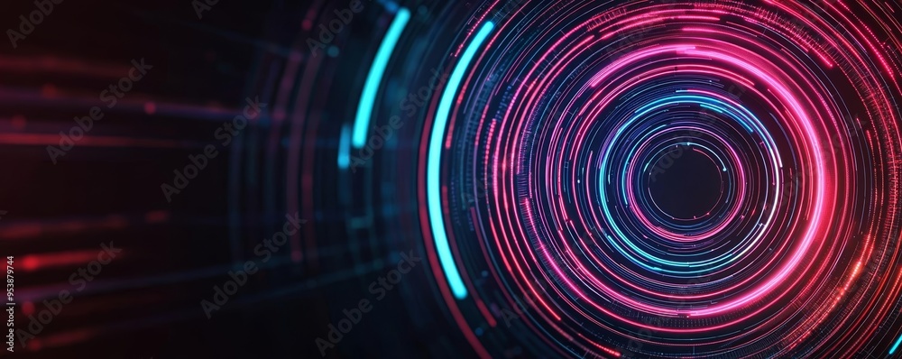 Obraz premium Digital neon circle with streaming light lines on a dark background, illustrating advanced tech and digital flow