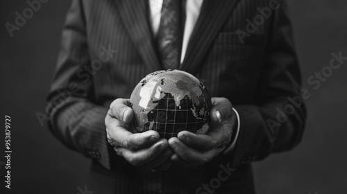 Businessman holding globe, signifying global puzzle and strategic thinking photo