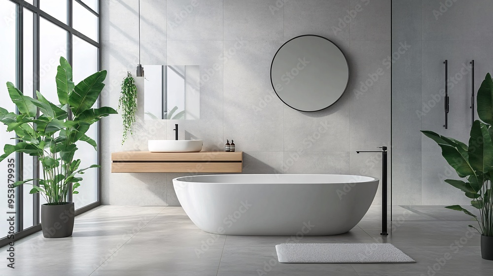 Sleek and modern bathroom with minimalist fixtures, clean lines, and an open-plan layout in a studio apartment Sleek and modern bathroom with minimalist fixtures, clean lines, and an open-plan layout in a studio apartment