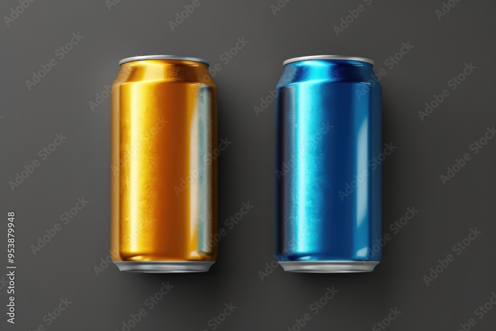 Three beverage cans side by side on a surface against a dark background. Three beverage cans side by side on a surface against a dark background.