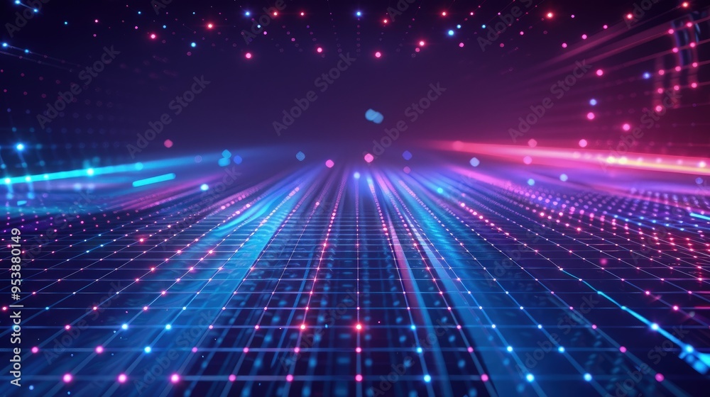 A vibrant digital landscape featuring glowing lines and dots, creating a sense of depth and movement in a futuristic setting. A vibrant digital landscape featuring glowing lines and dots, creating a sense of depth and movement in a futuristic setting.