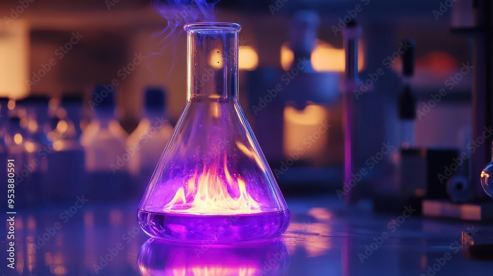 A Bunsen burner heating a flask filled with a glowing, purple liquid A Bunsen burner heating a flask filled with a glowing, purple liquid
