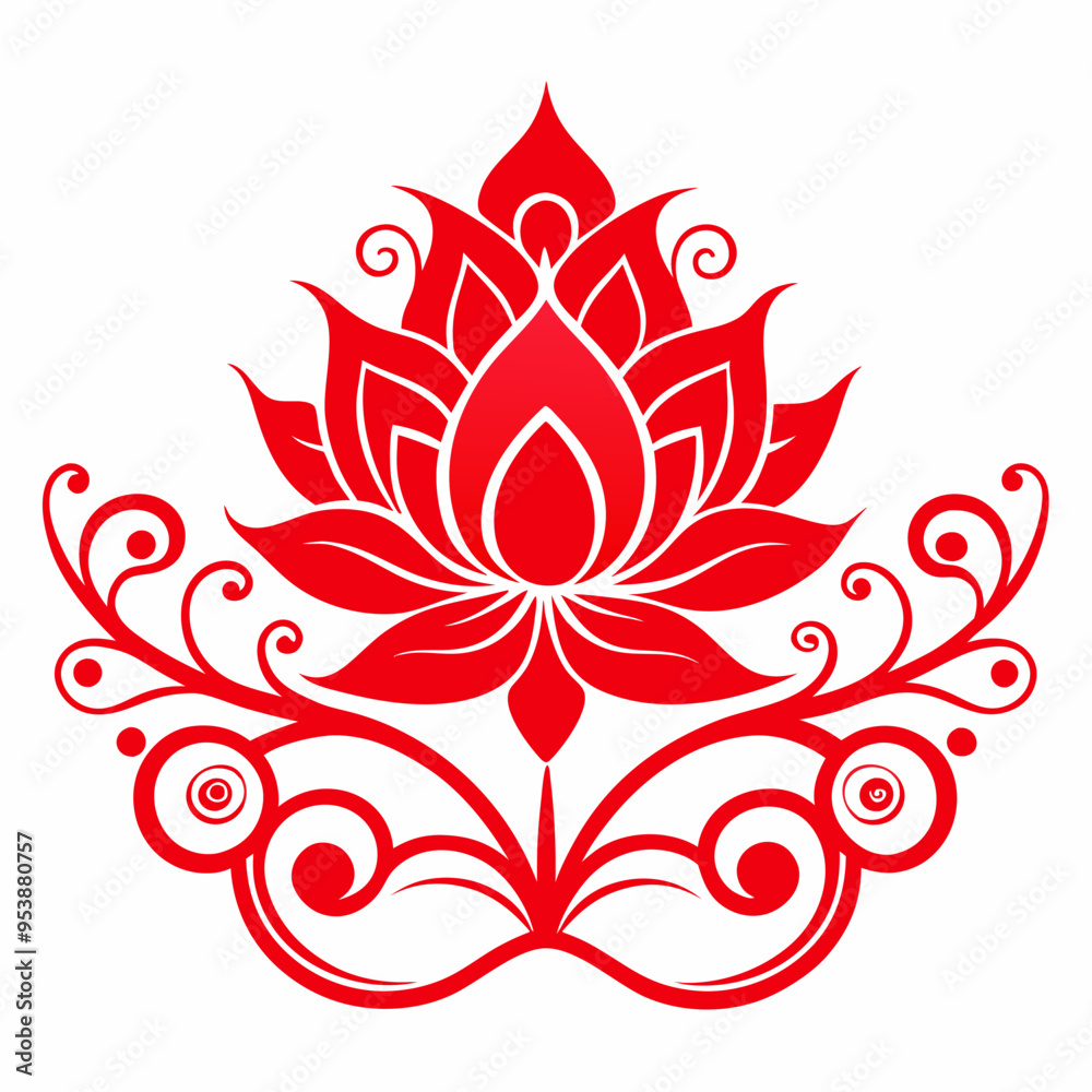 Elegant Red Lotus Floral Design with Leaves on White Background Elegant Red Lotus Floral Design with Leaves on White Background