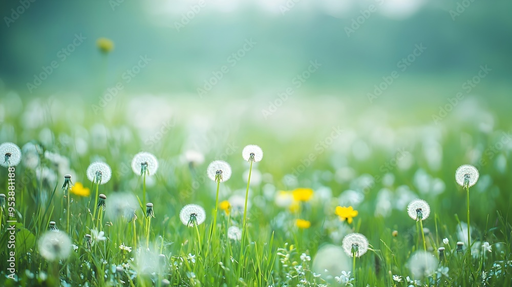 Lush Grass Field with Scattered Dandelions and Vibrant Wildflowers in Soft Green Hues Lush Grass Field with Scattered Dandelions and Vibrant Wildflowers in Soft Green Hues
