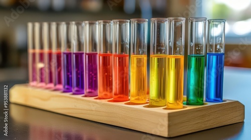 A rack of test tubes with each tube filled with a different color of the rainbow photo