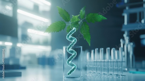 A plant with leaves shaped like DNA strands inside a hightech lab photo