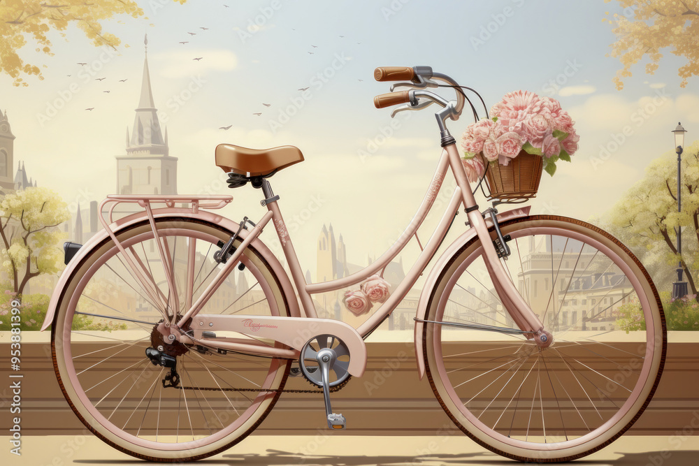 Fototapeta premium Vintage Bicycle with Flowers Near Eiffel Tower in Autumn