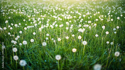 Wallpaper Mural Soft Green Hues and Scattered Wildflowers in Peaceful Grass Field Landscape Torontodigital.ca
