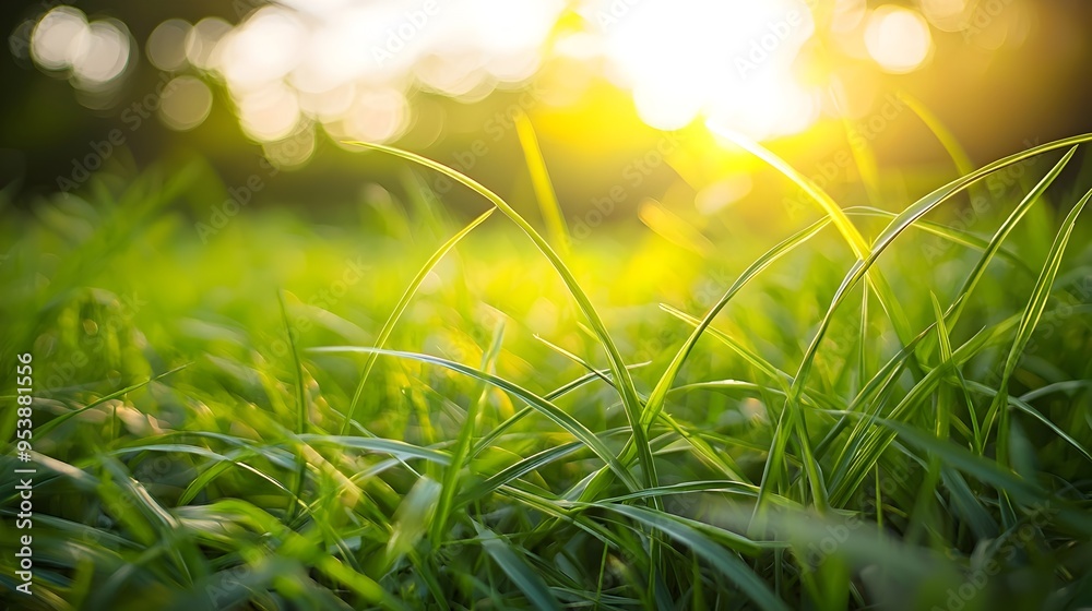 Obraz premium Warm and Inviting Sunlit Grass Landscape with Lush Blades and Glowing Foliage
