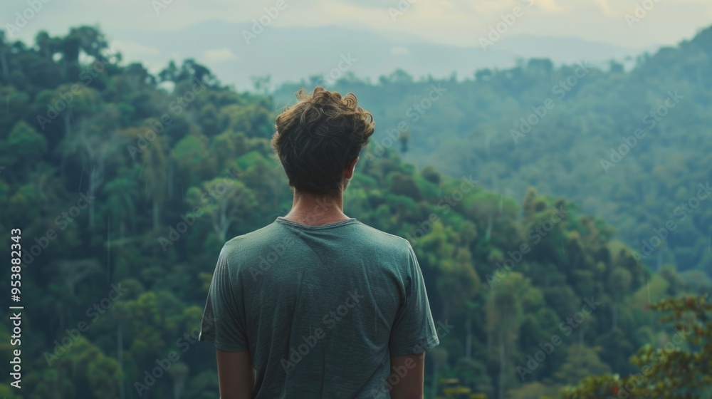 A man is standing in a forest, looking out over the mountains. The scene is peaceful and serene, with the man taking in the beauty of nature A man is standing in a forest, looking out over the mountains. The scene is peaceful and serene, with the man taking in the beauty of nature