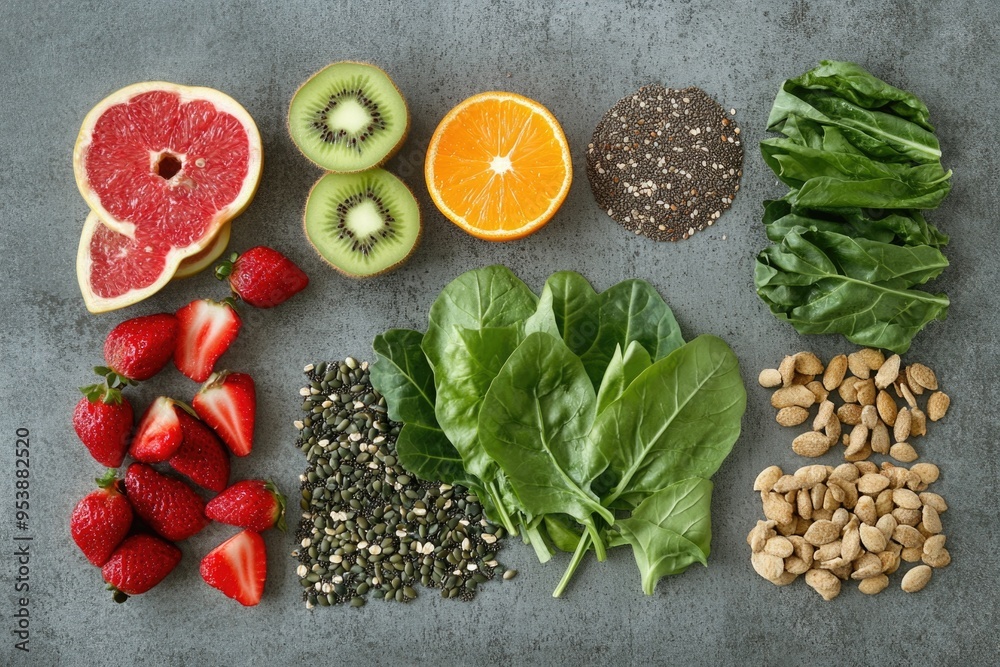 A variety of fruits and vegetables are displayed on a counter, including strawberries, oranges, spinach, and almonds. Concept of health and wellness A variety of fruits and vegetables are displayed on a counter, including strawberries, oranges, spinach, and almonds. Concept of health and wellness