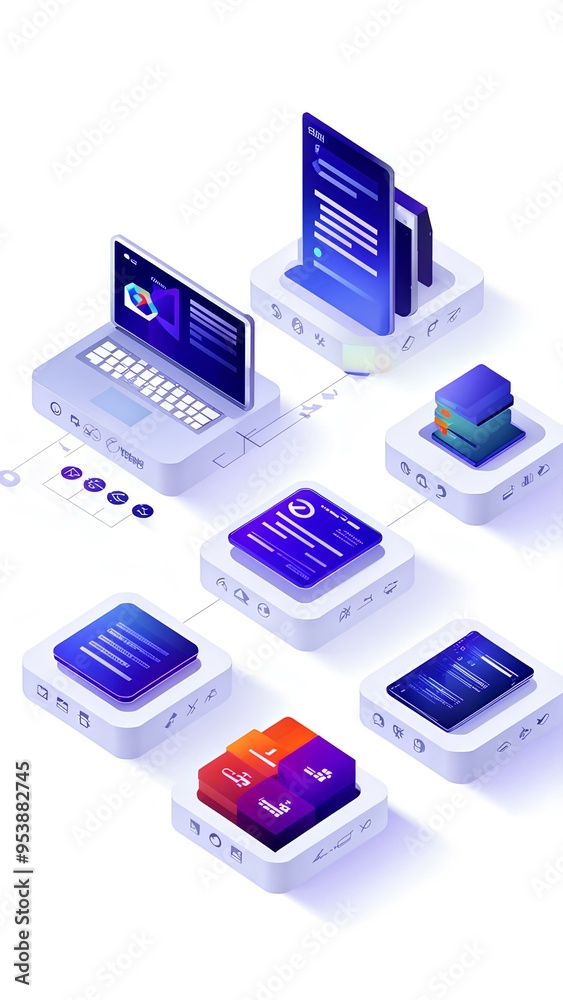 Fototapeta premium High-resolution vector graphic, resources arranged in a hierarchical layout on a crisp white background, color-coded folders and icons representing various web and software tools, shadows indicating d