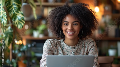 Smiling Woman on Laptop Screen During Home Video Call