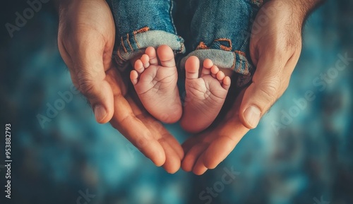 Newborn baby's feet in the hands of their father. Family concept