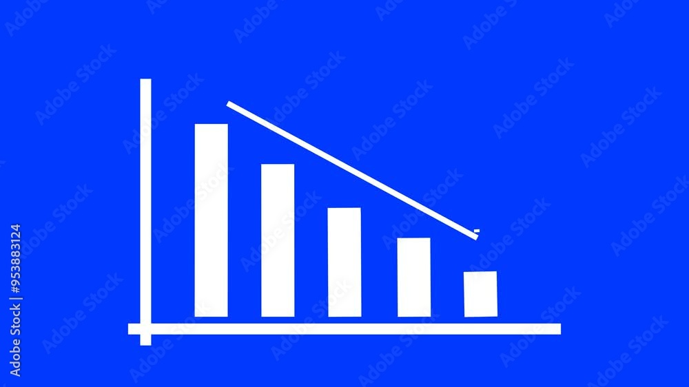 Animated illustration of statistical curve with down arrow on blue background Animated illustration of statistical curve with down arrow on blue background