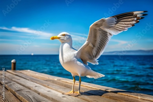 A majestic white sea gull spreads its wings, standing confidently on a weathered wooden pier overlooking a serene photo