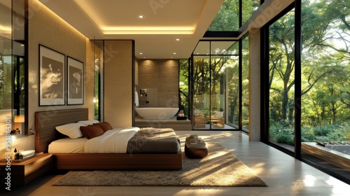 Modern Bedroom with Large Windows and View of Lush Greenery photo