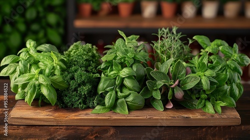 Fresh herbs on a wooden board, including basil, parsley, thyme and oregano.