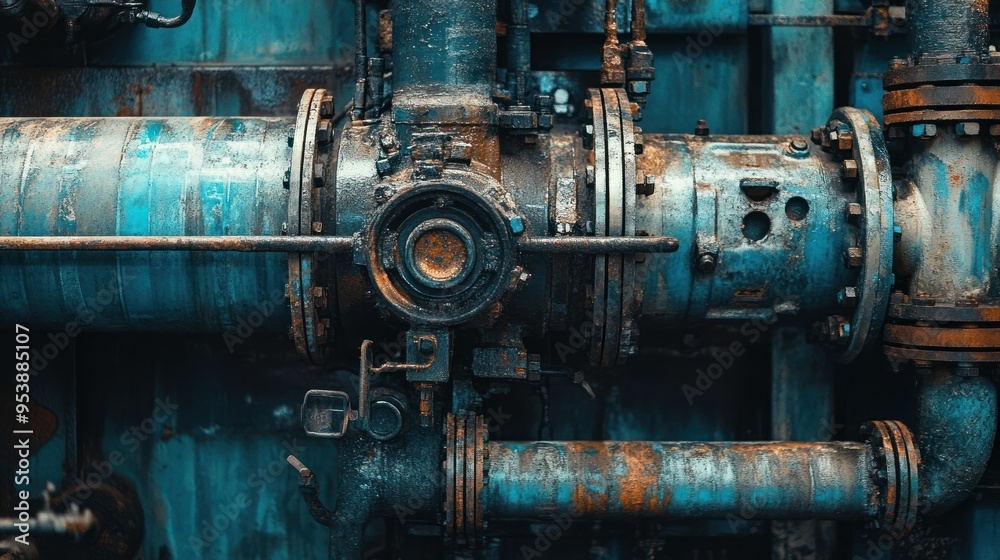 Rusty Industrial Pipe System with Valve and Flanges Rusty Industrial Pipe System with Valve and Flanges