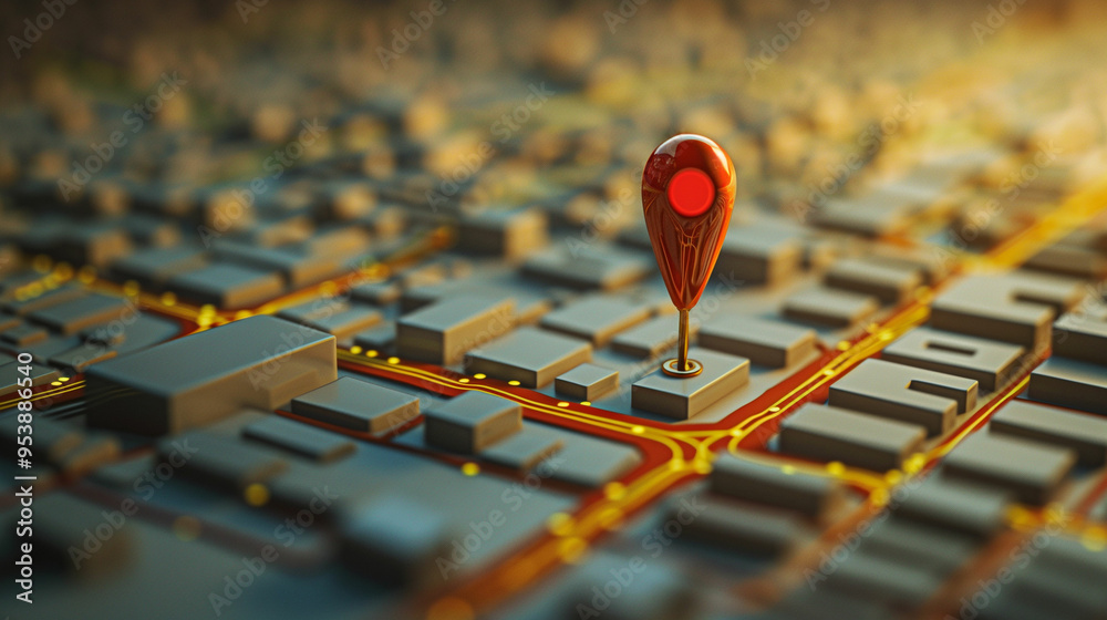 A digital map highlighting a location pin on a city street, depicting navigation and urban planning concepts A digital map highlighting a location pin on a city street, depicting navigation and urban planning concepts