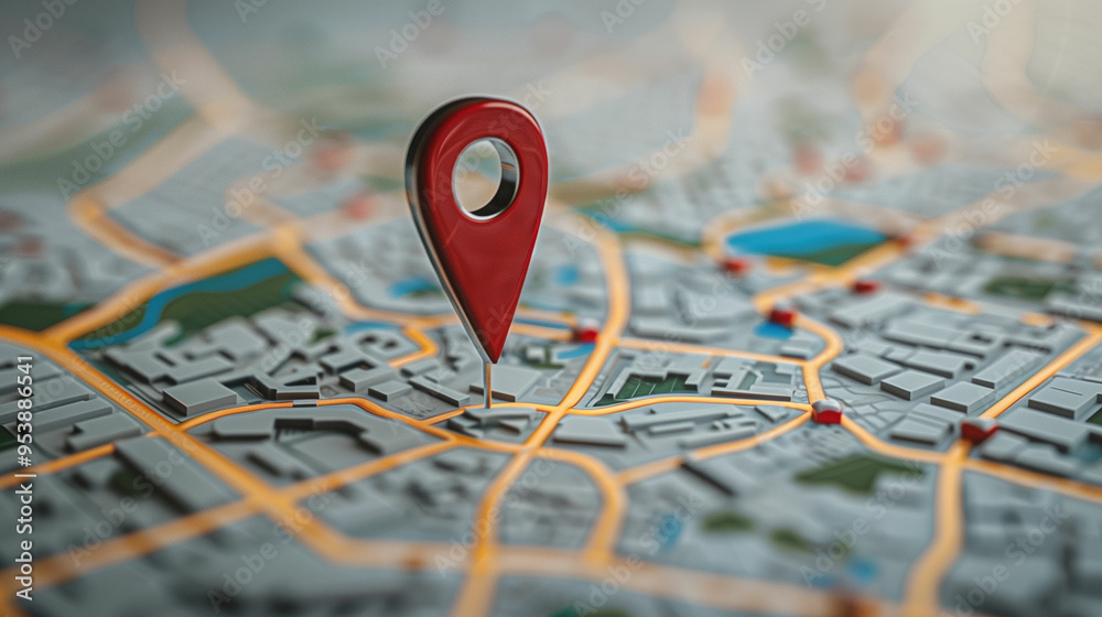 A red location pin marks a specific spot on a detailed city map illustrating streets, buildings, and parks in an urban setting A red location pin marks a specific spot on a detailed city map illustrating streets, buildings, and parks in an urban setting