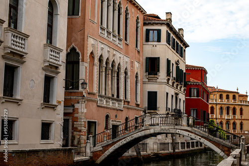 Charming canal view with traditional Venetian architecture and an arched stone bridge during a sunny day in Venice