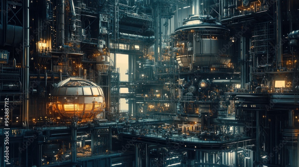 A Futuristic Industrial Complex with Illuminated Chambers A Futuristic Industrial Complex with Illuminated Chambers