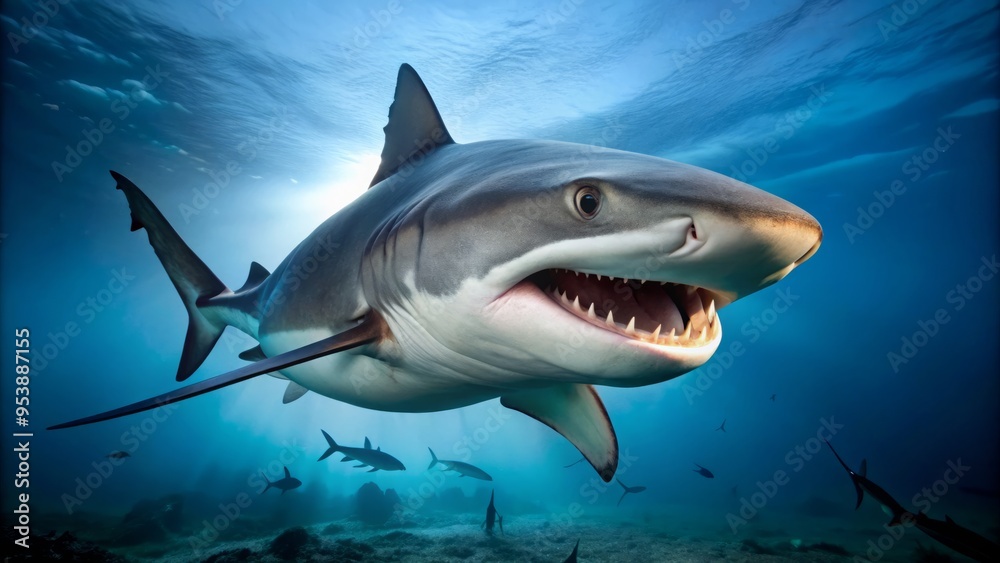 A menacing bull shark's jagged teeth-filled mouth is exposed in a powerful jaws-open pose, showcasing its apex predator A menacing bull shark's jagged teeth-filled mouth is exposed in a powerful jaws-open pose, showcasing its apex predator