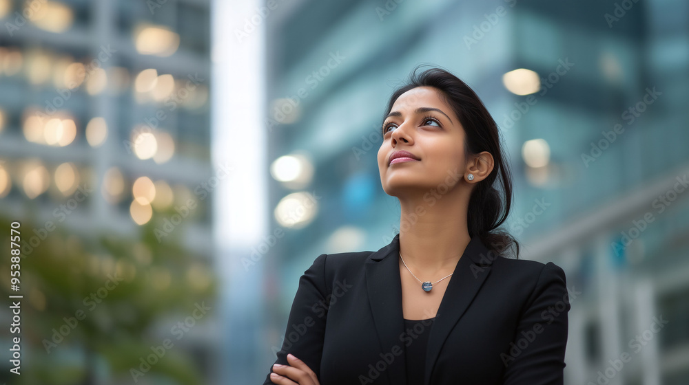 Portrait of businesswoman standing in office outdoors | young woman employee | Confident indian business woman | successful woman leader Portrait of businesswoman standing in office outdoors | young woman employee | Confident indian business woman | successful woman leader