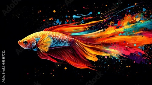 Artistic depiction of a betta fish with vivid colors and abstract splashes on a black background photo