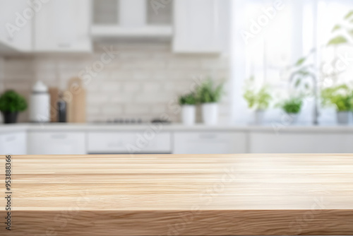 Wooden table top on white and bright modern kitchen interior background