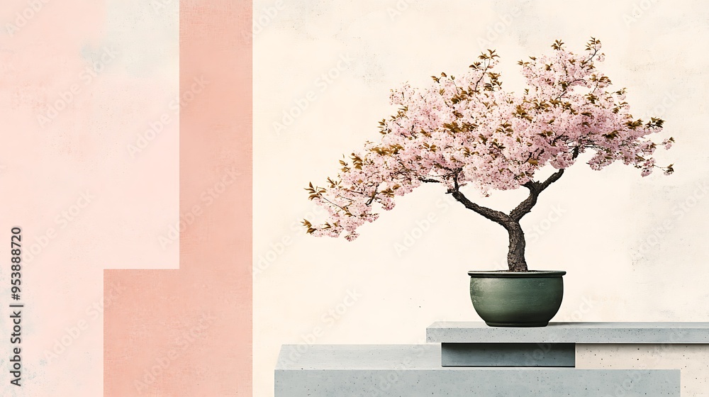 Blooming Cherry Blossom Tree in a Pot on a Concrete Platform Blooming Cherry Blossom Tree in a Pot on a Concrete Platform