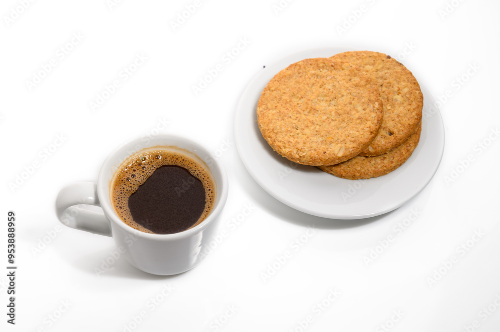 High angle view of coffee with cookies on a white background High angle view of coffee with cookies on a white background