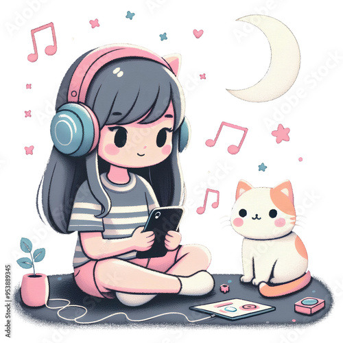Cute girl listen to a music with cat clip art png transparent background