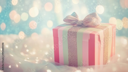 A beautifully wrapped gift box with a glittery ribbon, set against a soft, dreamy background with sparkling lights.