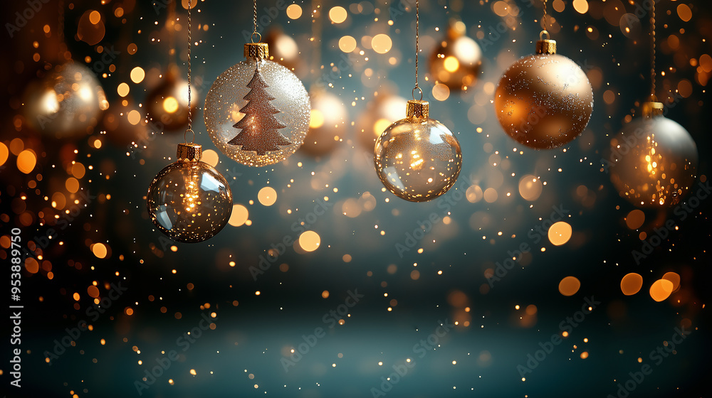 Christmas background with hanging gold and transparent baubles. Space ...