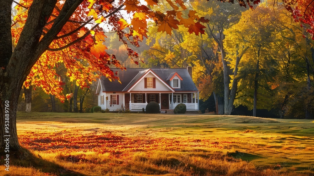 A peaceful autumn countryside scene, with a lovely house and surrounding trees adorned with bright, colorful leaves, all under the soft sunlight. A peaceful autumn countryside scene, with a lovely house and surrounding trees adorned with bright, colorful leaves, all under the soft sunlight.