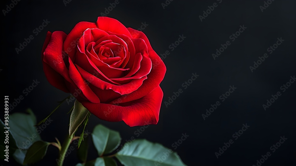 A vibrant red rose in full bloom, showcasing intricate petal details, with ample copy space on one side A vibrant red rose in full bloom, showcasing intricate petal details, with ample copy space on one side