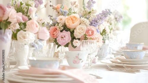 Elegant table setting for Mother's Day dinner featuring soft pastel colors and floral arrangements