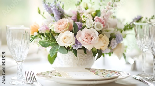 Elegant table setting for Mother's Day dinner featuring soft pastel colors and floral arrangements