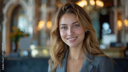 Portrait of Smiling female manager standing in hotel. A happy businesswoman in a hotel