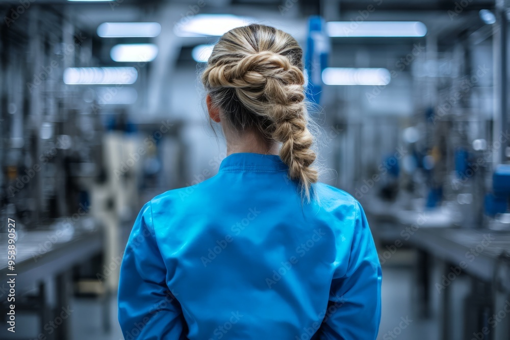 Fototapeta premium Back view of a female technician in a blue shirt working in a factory