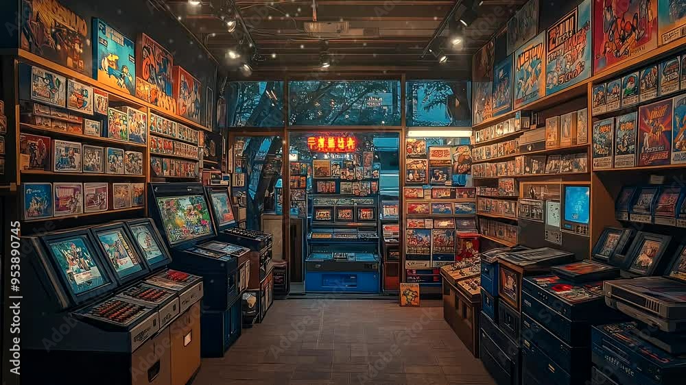 Retro arcade shop with vintage gaming machines and shelves filled with classic video game titles. Gaming nostalgia concept. Seamless looping 4k time-lapse video background