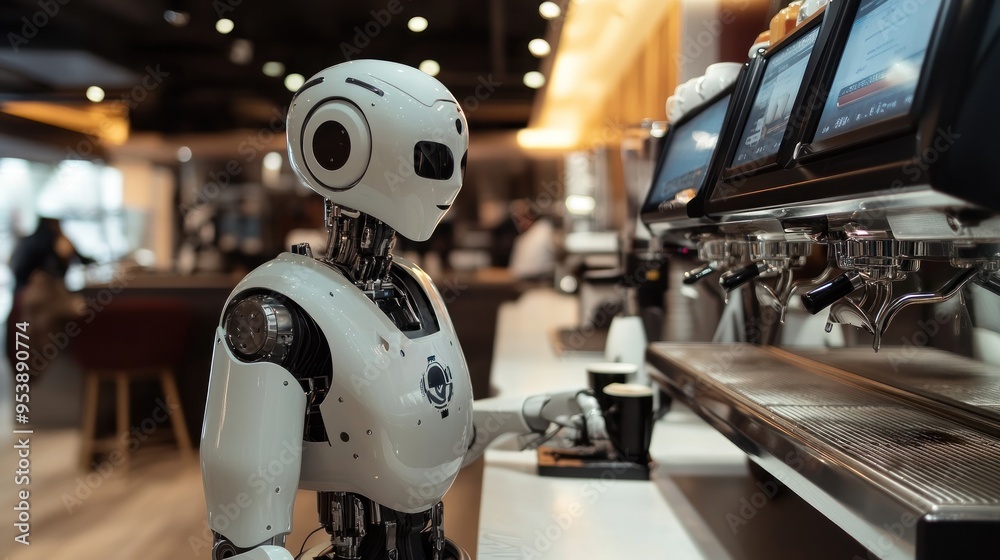 Robot Barista Serving Coffee in a Modern Cafe Robot Barista Serving Coffee in a Modern Cafe